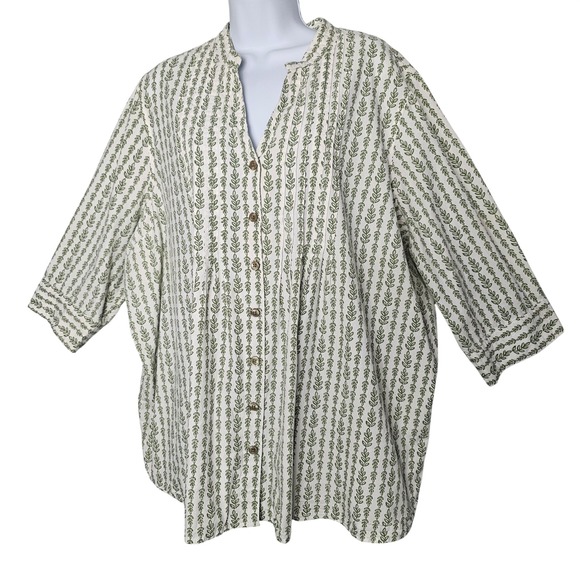 Blair Tops - Blair Pintuck Blouse Women 3XL White Green Leaf Print Cotton Button Front Top